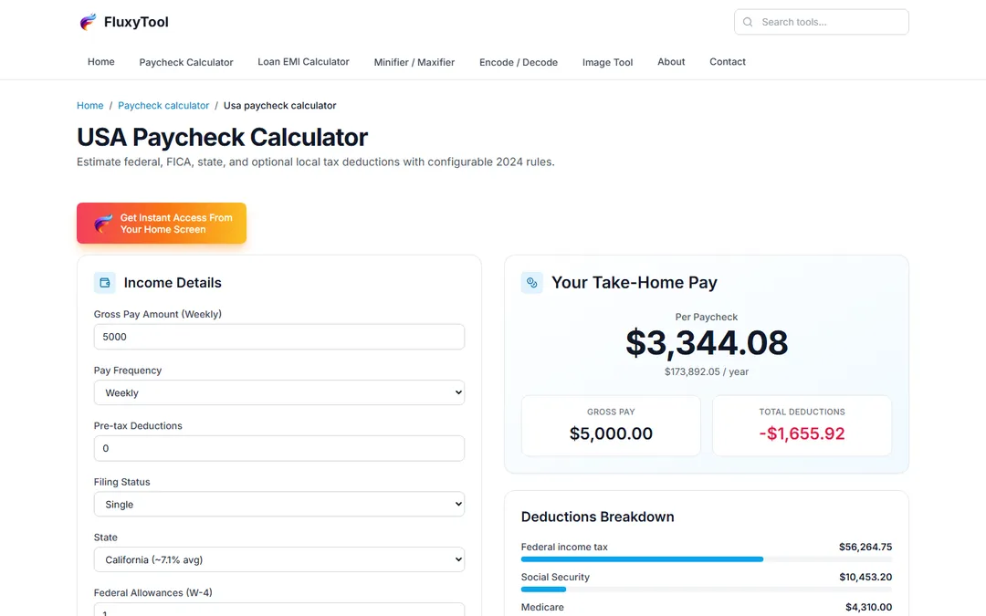 FluxyTool: USA paycheck calculator