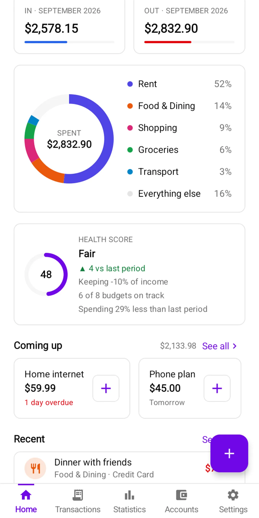 Money Manager: Health score and upcoming bills