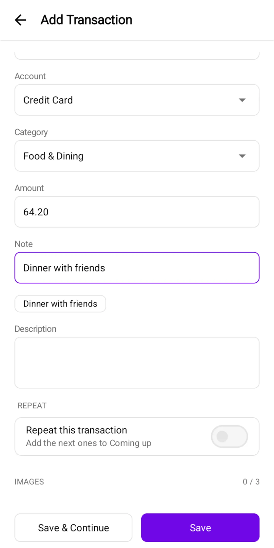 Money Manager: Adding a transaction