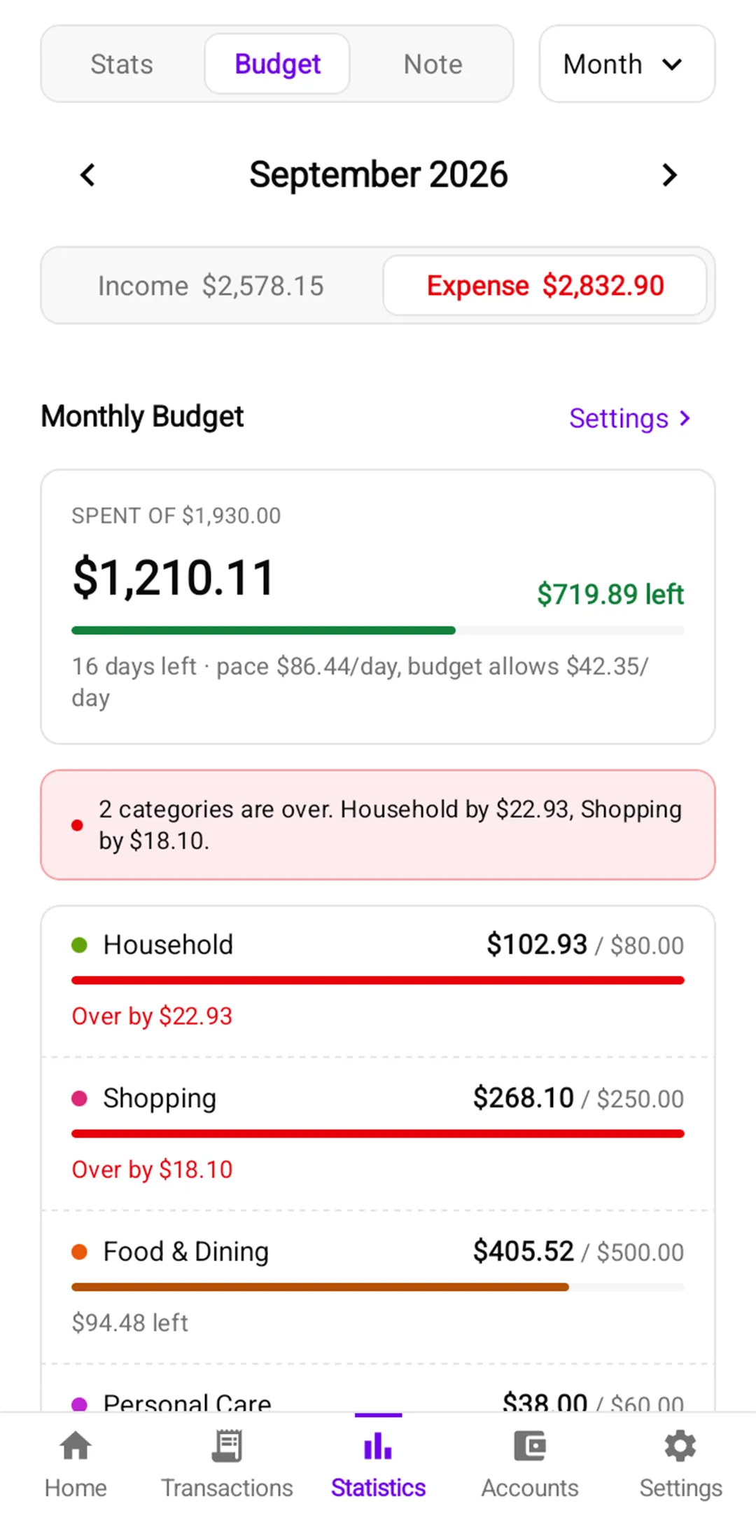 Money Manager: Budgets and daily pace